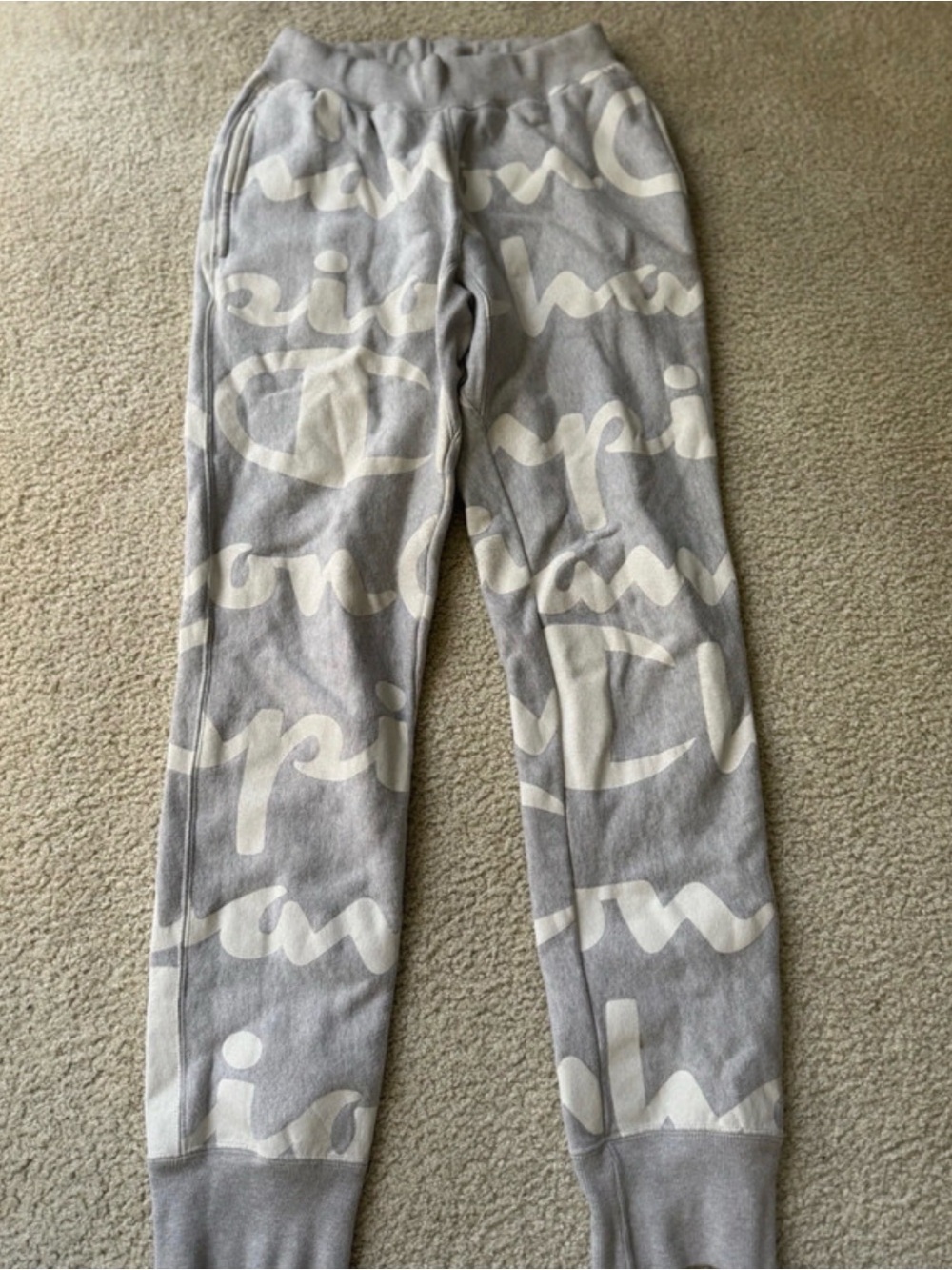 Champion Light Gray Joggers with Cream Script streetwear Y2K sexy